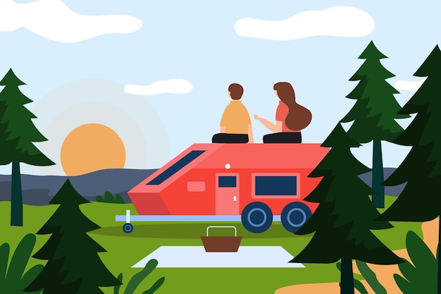 Free vector camping with a caravan illustration with man and woman