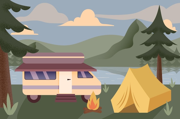 Camping with a caravan illustration with tent