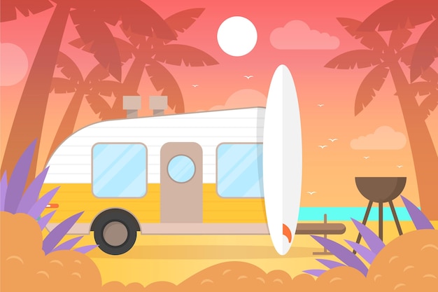 Free vector camping with a caravan illustration