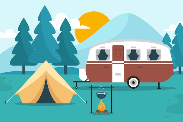 Free vector camping with a caravan illustration