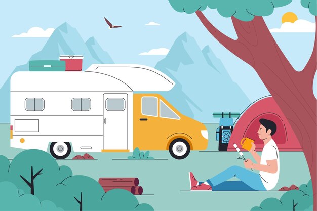 Camping with a caravan illustration