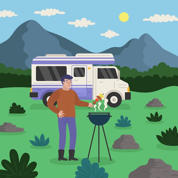 Camping with a caravan and man illustration