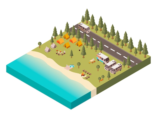 Campsite With Road Isometric Illustration