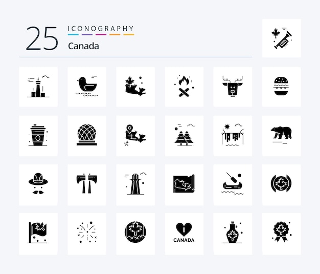 Free vector canada 25 solid glyph icon pack including reindeer arctic map alpine fire place