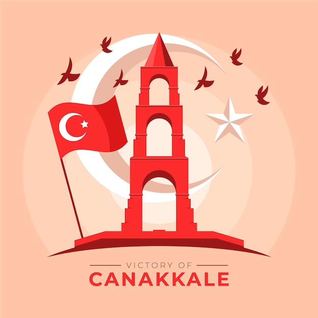Vettore gratuito illustrazione di canakkale con monumento e bandiera