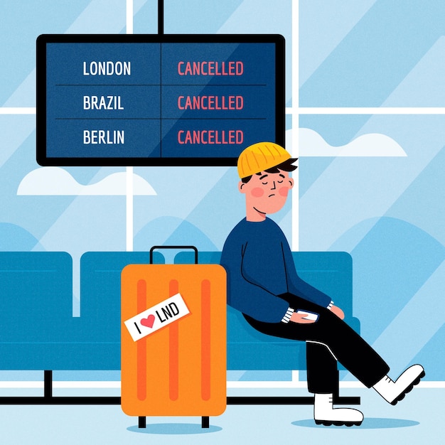 Free vector cancelled flight with man and luggage