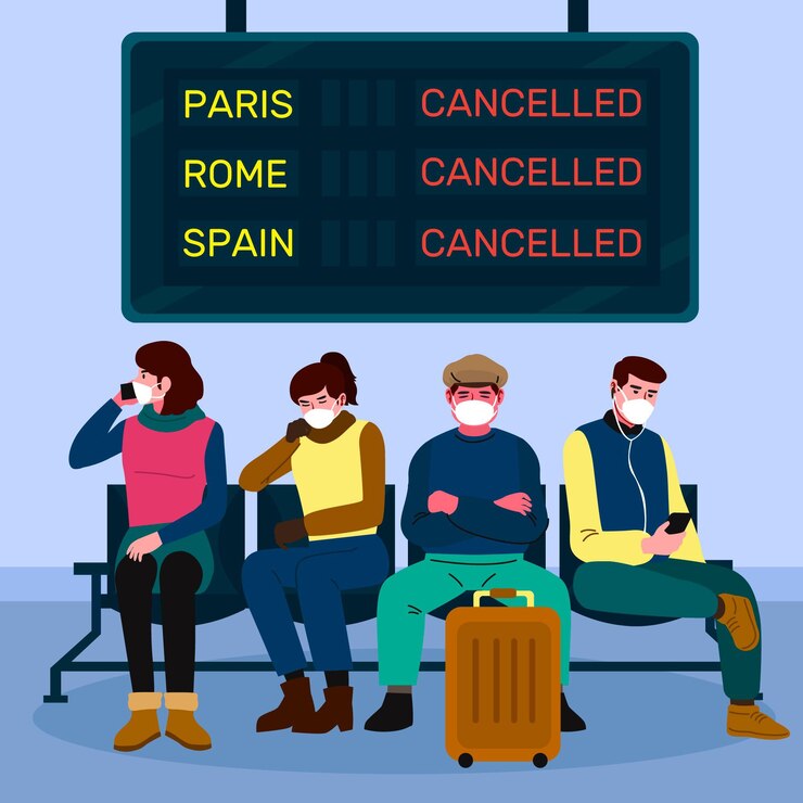 Free Vector cancelled flight with people wearing medical masks