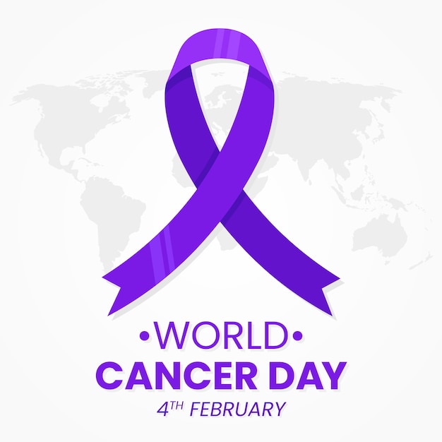 Cancer day purple ribbon on world map