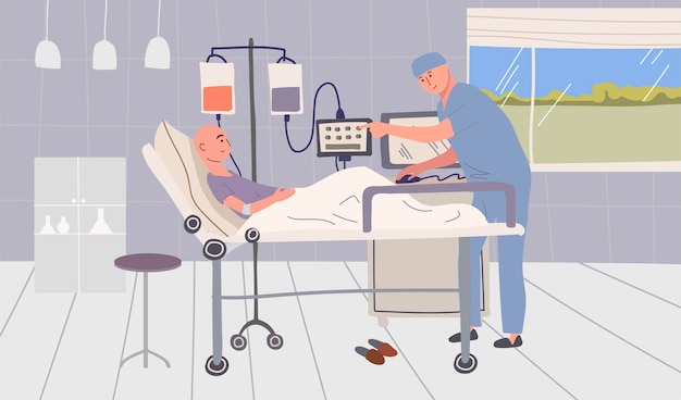 Free vector cancer patient oncology flat composition with indoor view of hospital ward with patient dripper and doctor vector illustration