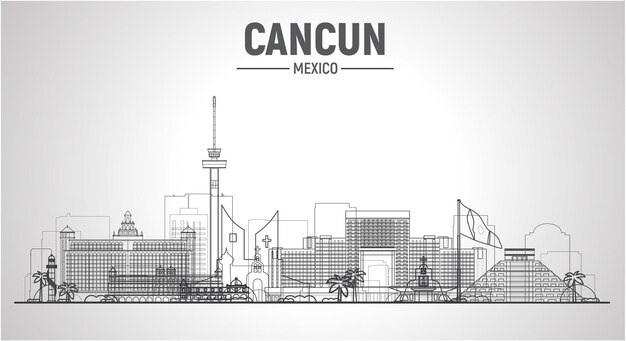 Cancun city  Mexico  line skyline at white background Flat vector illustration Business travel and tourism concept with modern buildings Image for banner or website