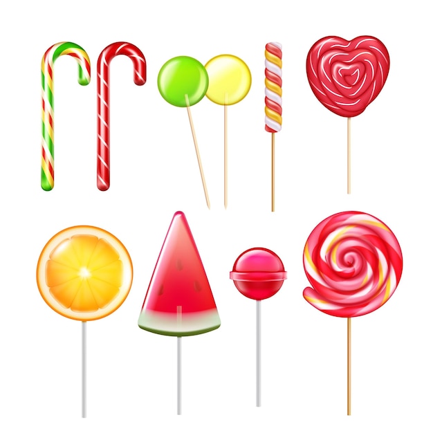 Бесплатное векторное изображение Конфеты леденцы на палочке различных вкусов, разные вкусы, реалистичный набор с полосатым вихрем, сердце, тростник, шар, векторная иллюстрация