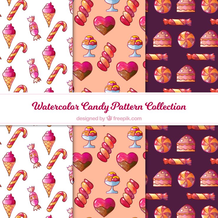 Free Vector candies patterns collection in watercolor style