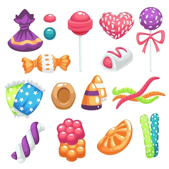 Candies and sweets bonbons and jelly marshmallow and lollipop isolated icons