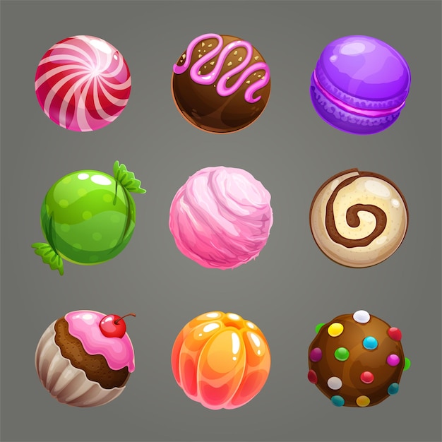 Candy balls set round sweet assets for game design Premium Vector