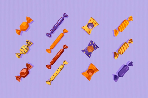 Free vector candy elements set on purple background vector