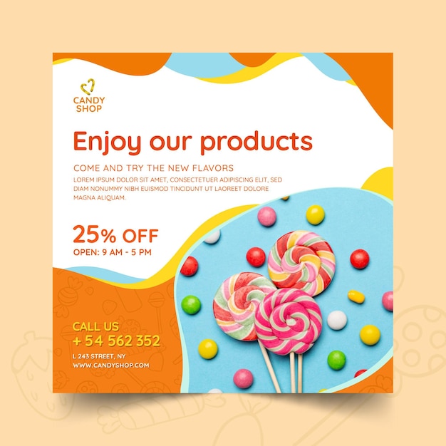Free vector candy flyer template with photo