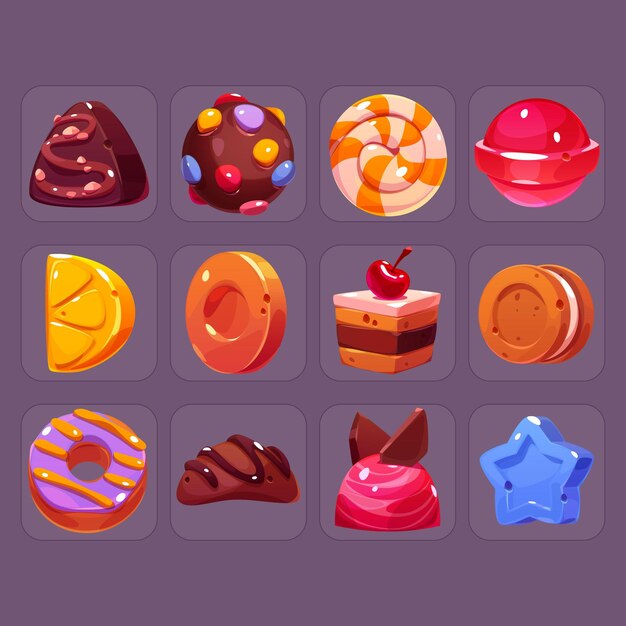 Candy game icons confectionery and pastry set