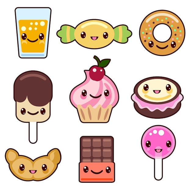 Бесплатное векторное изображение Набор символов еды kawaii candy