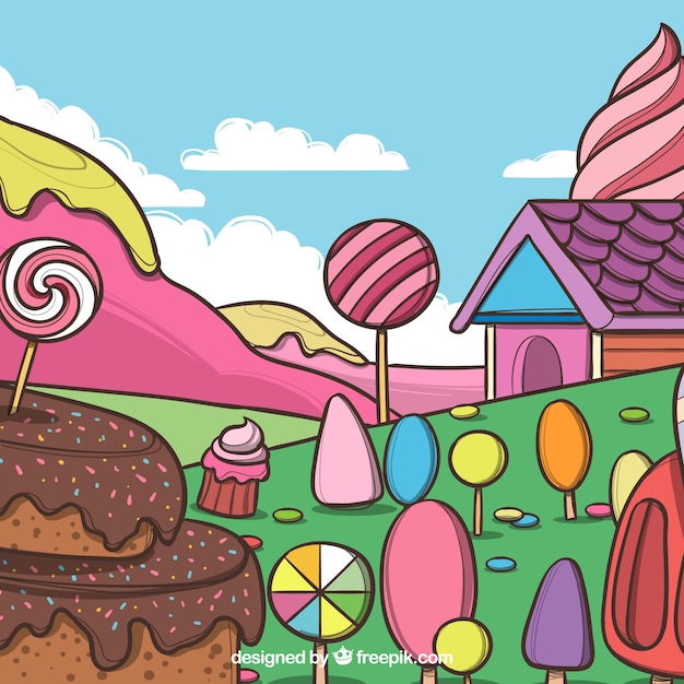 candy land background with delicious desserts