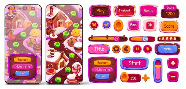 Vettore gratuito elementi di design del gioco mobile candy land isolati su sfondo bianco illustrazione vettoriale di cartoni animati di modelli di schermi per smartphone con mappa della città dolce, case di cioccolato, glassa di frutta, decorazioni, pulsanti gui