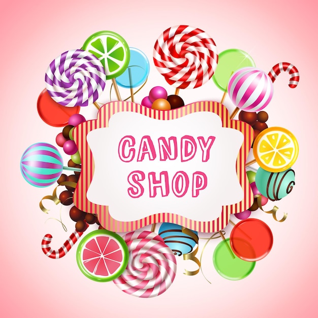 Composizione del negozio di caramelle con realistici prodotti di caramello dolce e lecca lecca con testo nel riquadro