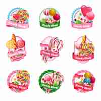 Vettore gratuito set di emblemi candy shop