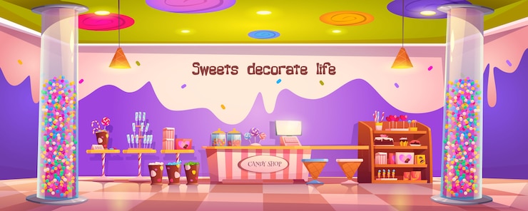 Free Vector candy shop empty interior with various pastry