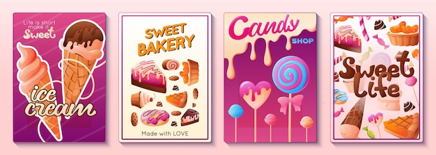 Candy shop sweet bakery ice cream cartoon posters set isolated on color background vector illustration