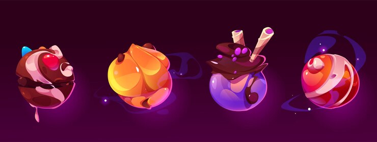 Free Vector candy space planet for game food world cartoon chocolate galaxy fantasy ui 2d yummy ball solar system with purple sphere dessert colorful jelly cosmos universe with yellow creme satellite