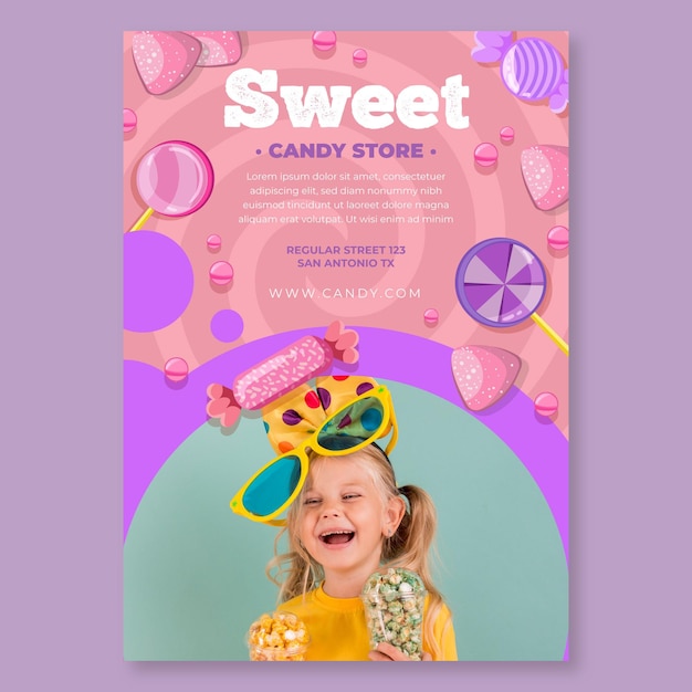 Free vector candy vertical flyer template with child