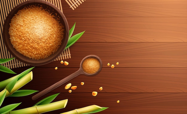 Cane sugar colored realistic composition with spoon and bowl of sugar and place for text