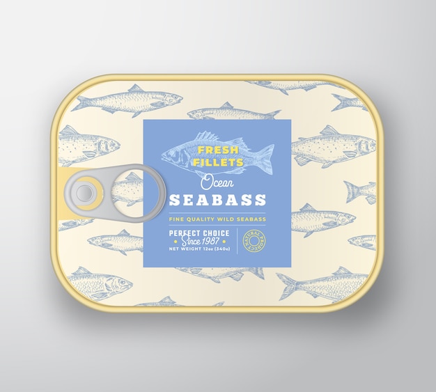 Modello di etichetta di pesce in scatola. contenitore in alluminio pesce astratto con coperchio etichetta.