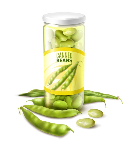 Canned green beans in glass jar realistic close up composition with fresh pods vector illustration