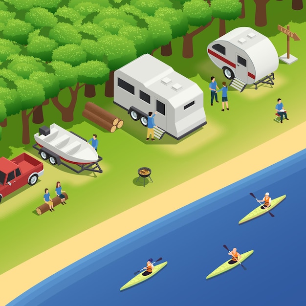Free vector canoeing kayaking rafting recreation riverbank campsite isometric composition with campers camping trailers barbequing paddling tourists illustration