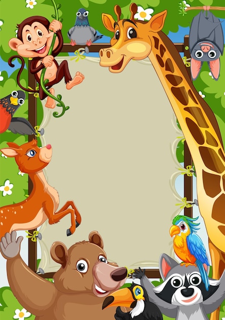 Vettore gratuito cornice in tela con molti cartoni animati di animali dello zoo
