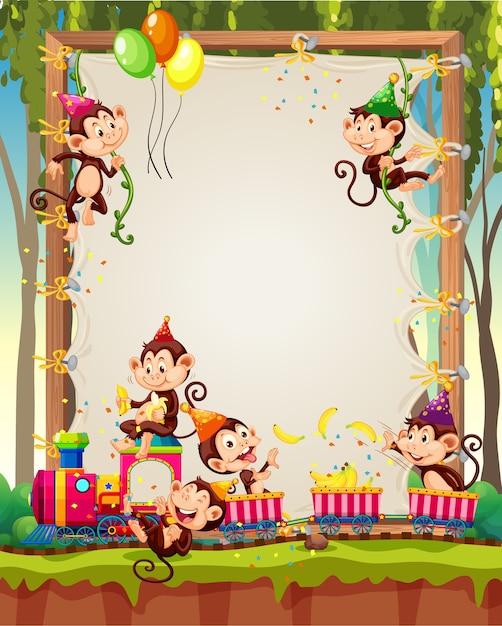 Free vector canvas wooden frame template with monkeys in party theme on forest