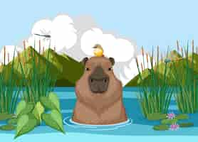 Free vector capibara and duck friends at the pond