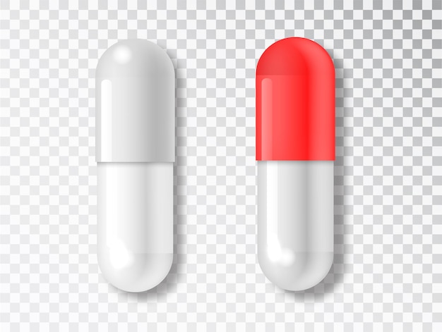 Таблетки в капсулах, изолированные на прозрачном фоне. Белые и красные таблетки. Контейнер в форме капсулы для лекарств.