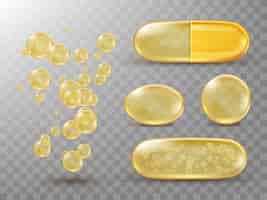 Free vector capsules with oil, gold round and oval pills.