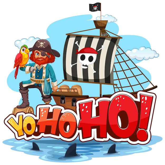 Vettore gratuito capitan uncino in piedi sulla nave con il discorso yo-ho-ho