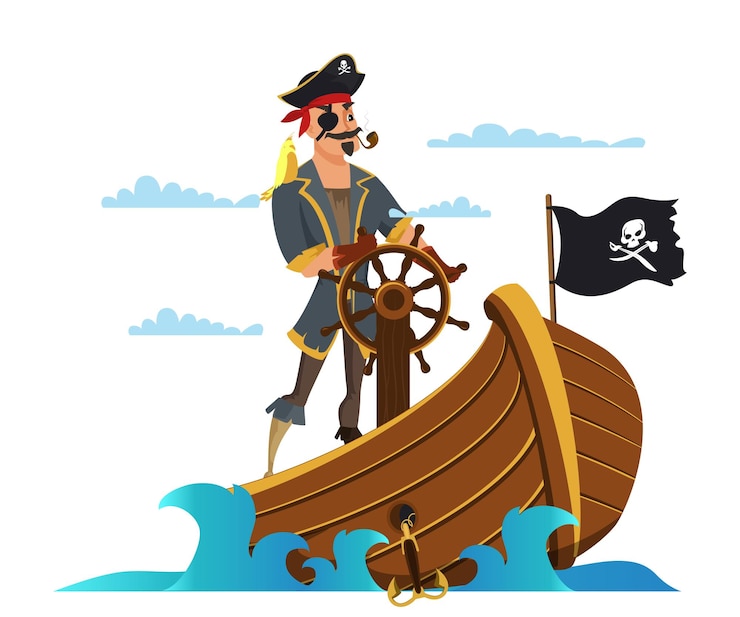 Premium Vector | Captain at wheel with parrot on shoulder pirate sailor ...