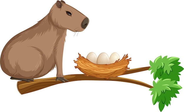 Capybara on branch with egg nest