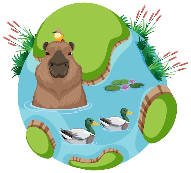 Free vector capybara and duck in planet earth vector