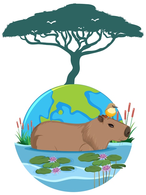 Бесплатное векторное изображение Капибара на фоне природы пруда