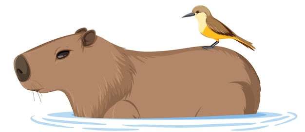 Free vector capybara with a bird in cartoon style