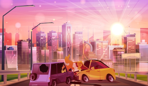 Free vector car accident on highway cityscape background