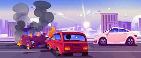 Free vector car accident on road in city headon collision between two automobiles on street with town skyline damaged vehicles with fire and smoke cartoon vector illustration of unprotected auto driving