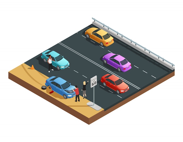 Car accidents isometric composition with two people having flat tyre and asking for help vector illu