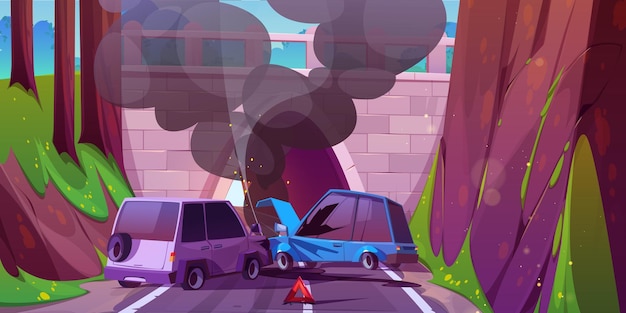 Free vector car crash on highway to tunnel cartoon vector illustration road traffic with broken and damage vehicle near hill and underground path arch day trip and collision on mountain motorway landscape