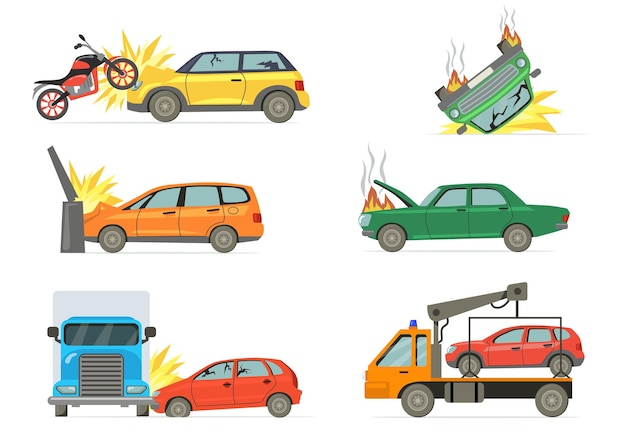 Car crashes set. road accident with burning car, motorbike, truck, towel truck isolated on white background.